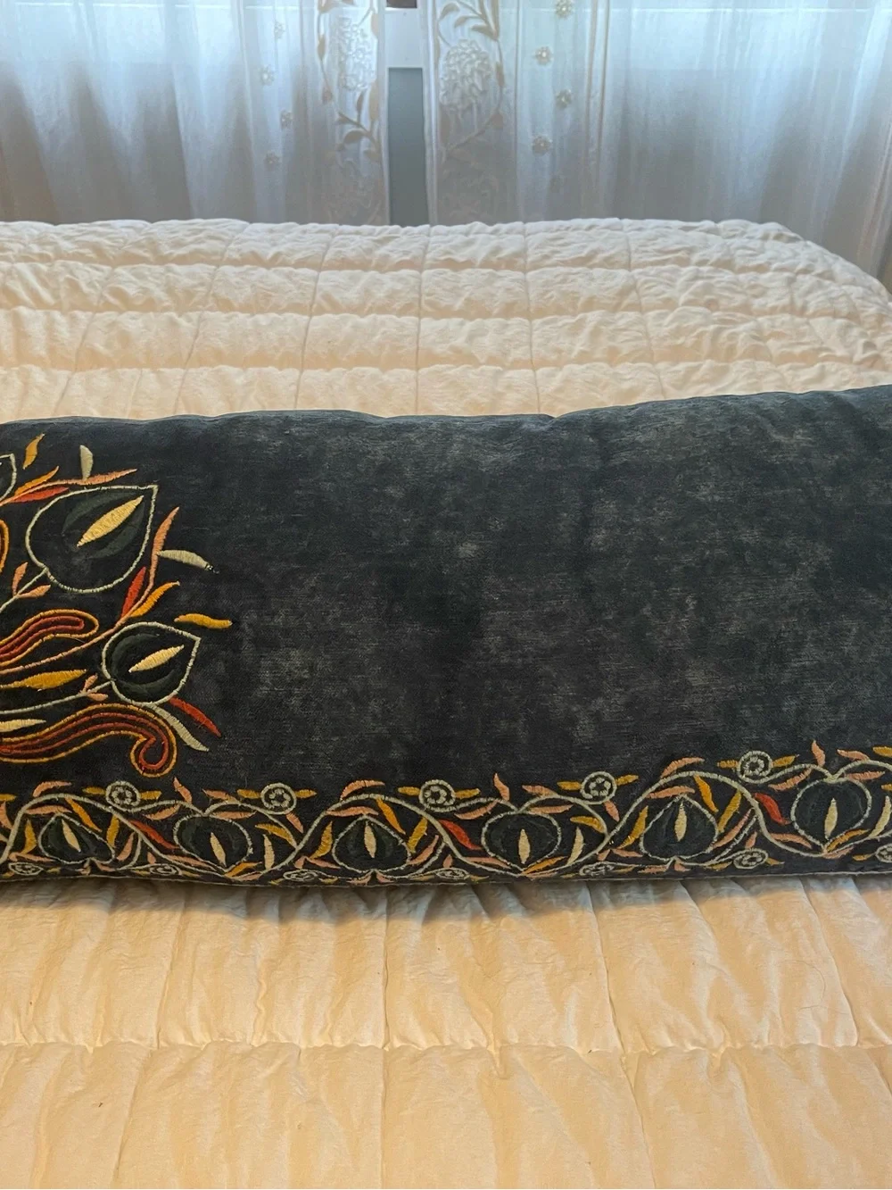 Anthropologie Satyana Embroidered Velvet Throw Pillow Rectangular Blue